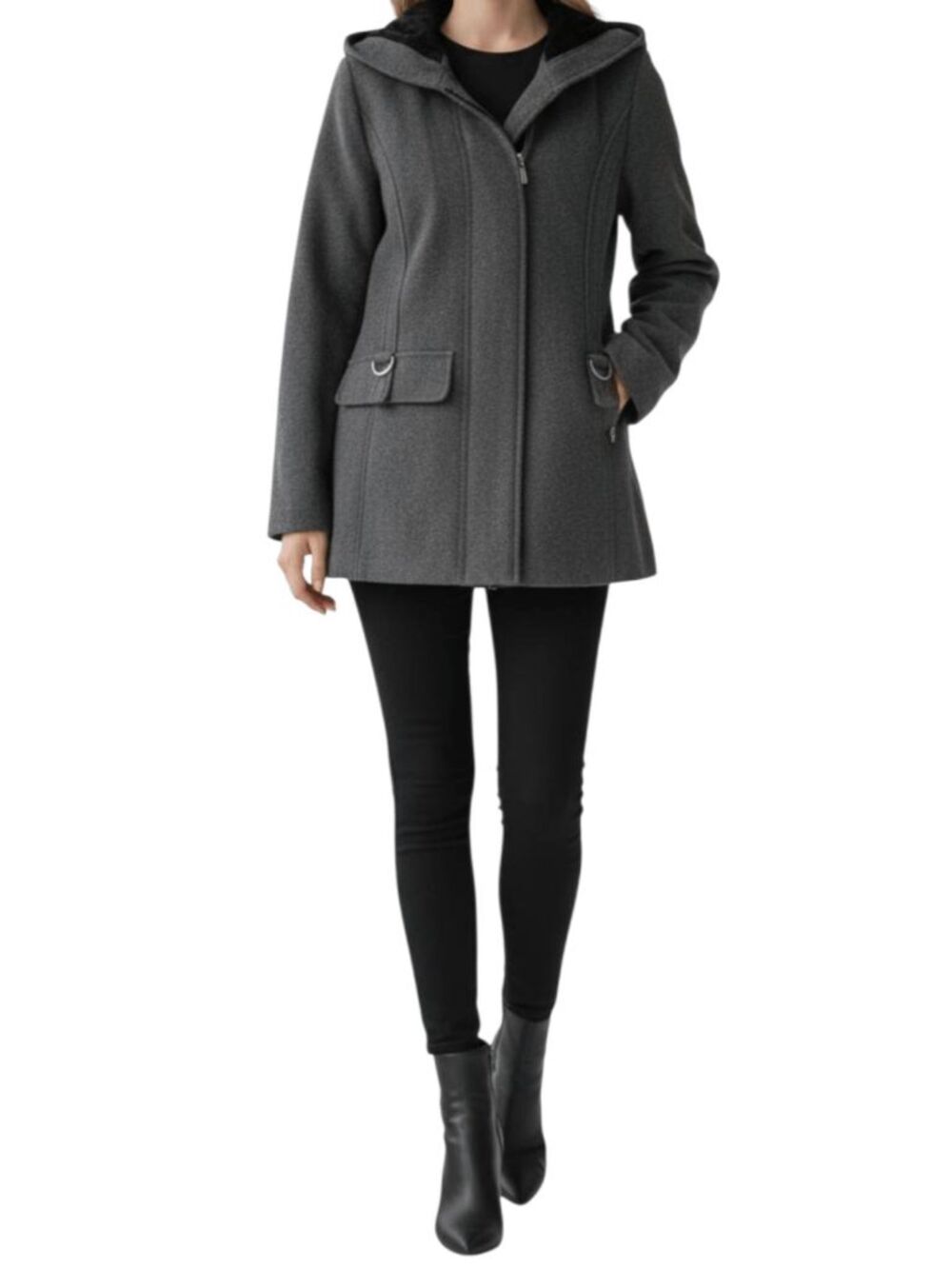 CROFT & BARROW Hooded Charcoal Wool Full Zip Peacoat Size Medium